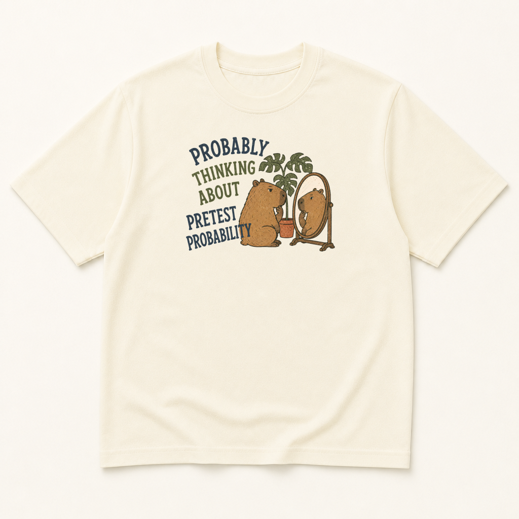 Garment-dyed unisex t-shirt printed with 'Thinking About Pretest Probability' — Epidemiology humor tee for Evidence-Based Medicine, Family Medicine, and Internal Medicine professionals.