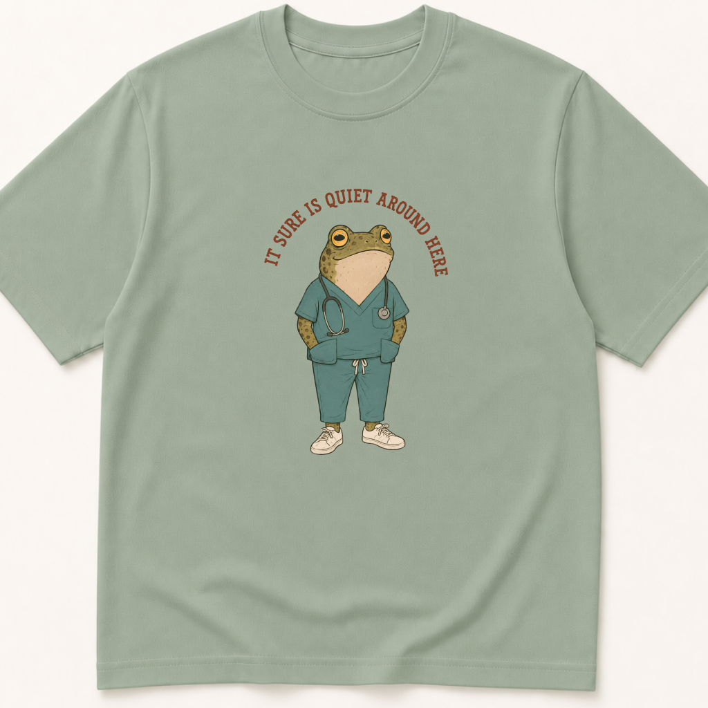 Alternate view of the illustrated It Sure Is Quiet Around Here Frog garment-dyed t-shirt.