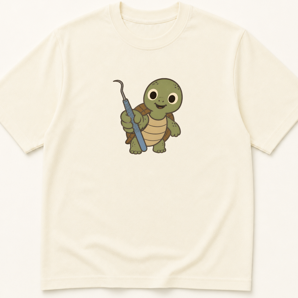 Garment-dyed unisex t-shirt featuring an illustrated Turtle with Dental Scaler design — a Dental humor tee.