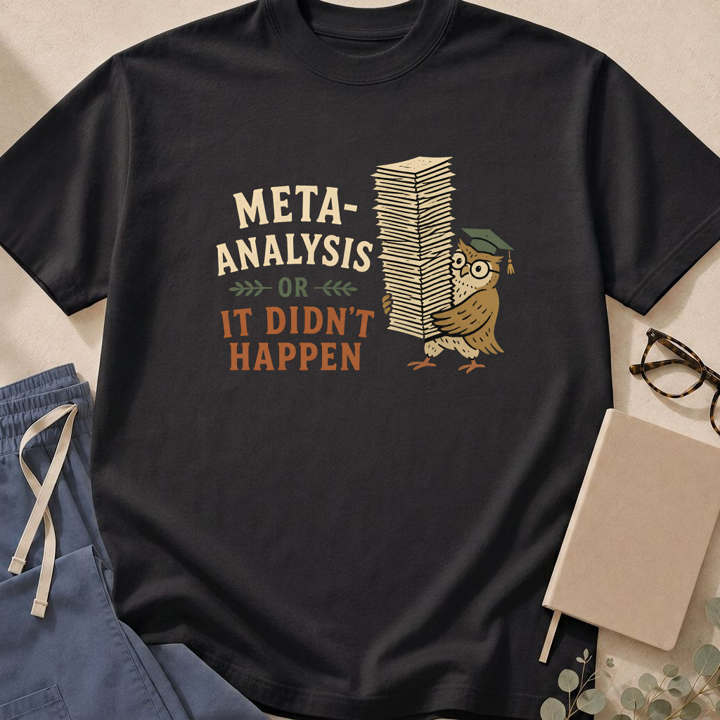 Garment-dyed unisex t-shirt printed with 'Meta-Analysis or It Didn't Happen' — evidence-based medicine humor tee for researchers.
