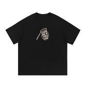Mockup of a black cotton T-shirt with a butterfly net design lettered 'CATH ME IF YOU CAN'