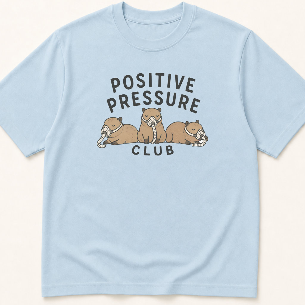 Alternate view of the illustrated Positive Pressure Club Capybara with CPAPs garment-dyed t-shirt.