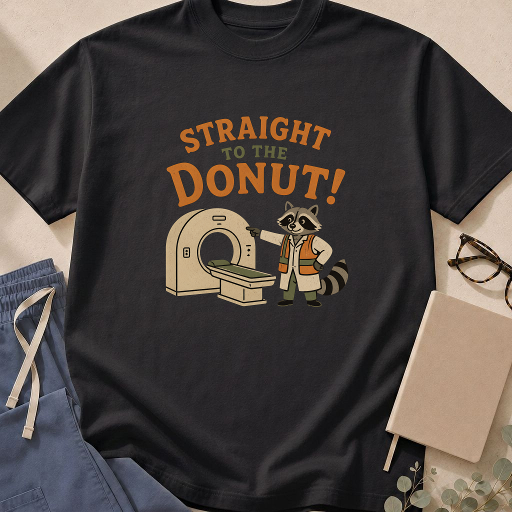 Garment-dyed unisex t-shirt printed with 'Straight to the Donut' — emergency medicine and radiology humor tee for ER staff.