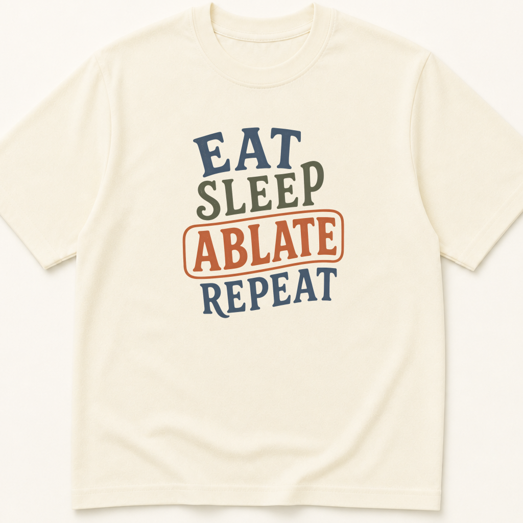 Garment-dyed unisex t-shirt printed with 'Eat Sleep Ablate' — Cardiology humor tee for Electrophysiology professionals.