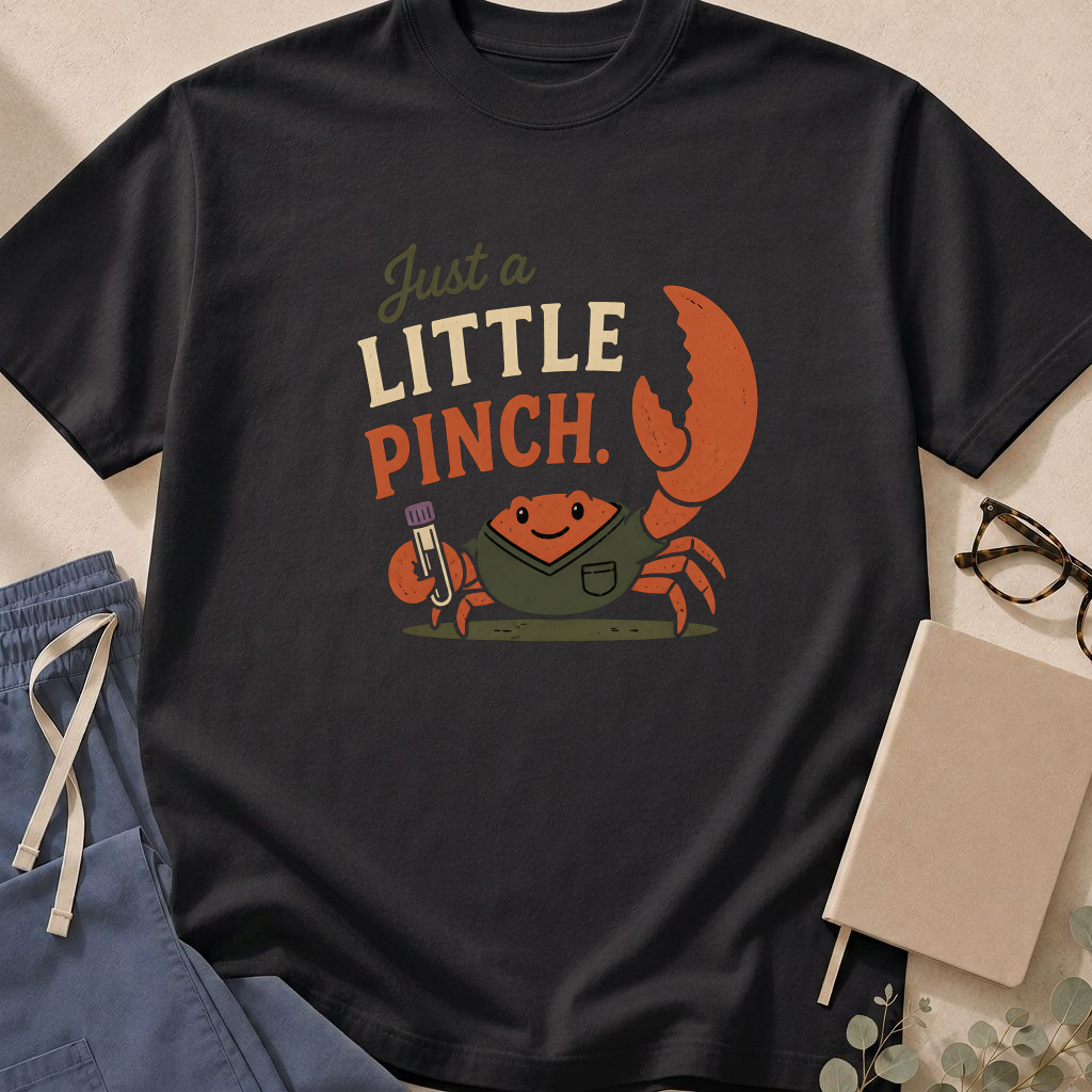 Garment-dyed unisex t-shirt printed with 'Just a Little Pinch' — phlebotomy humor tee for phlebotomists and nurses.