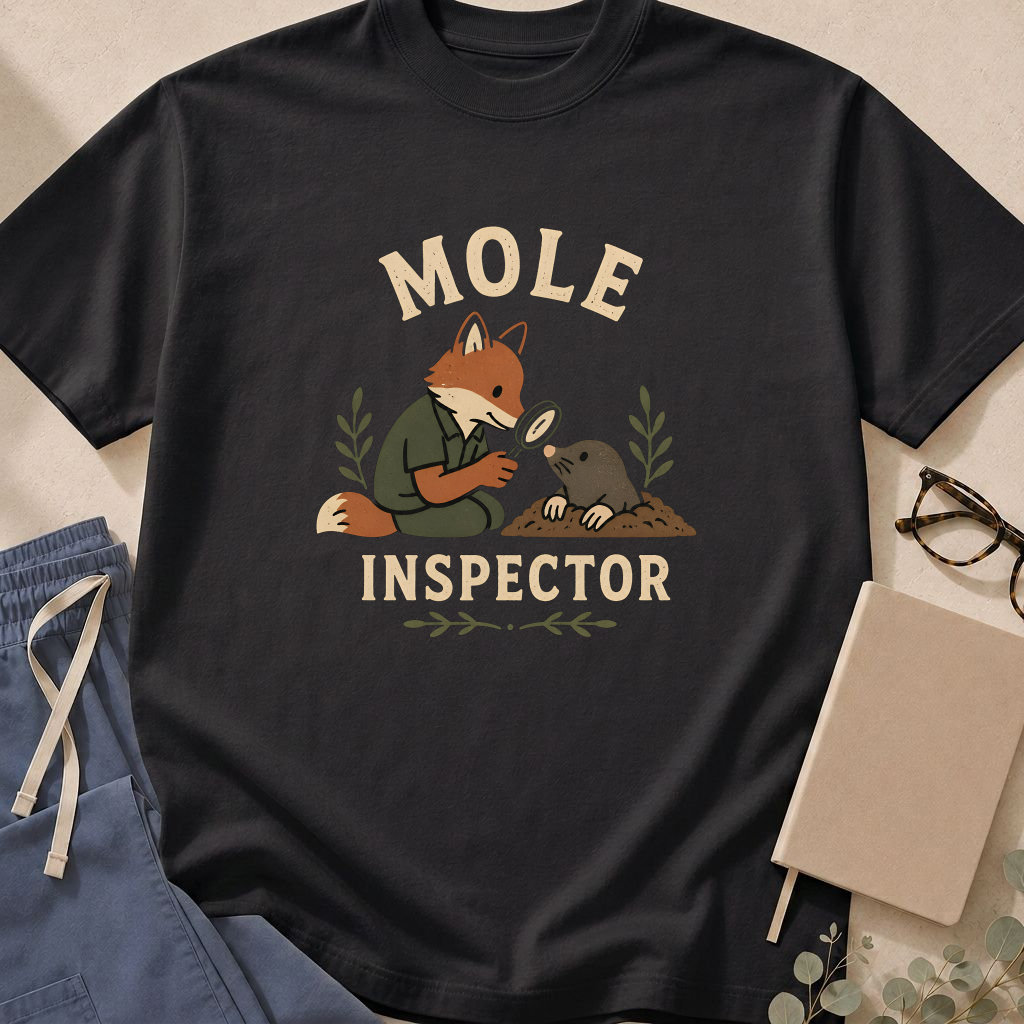Garment-dyed unisex t-shirt printed with 'Mole Inspector' — dermatology humor tee for dermatologists.