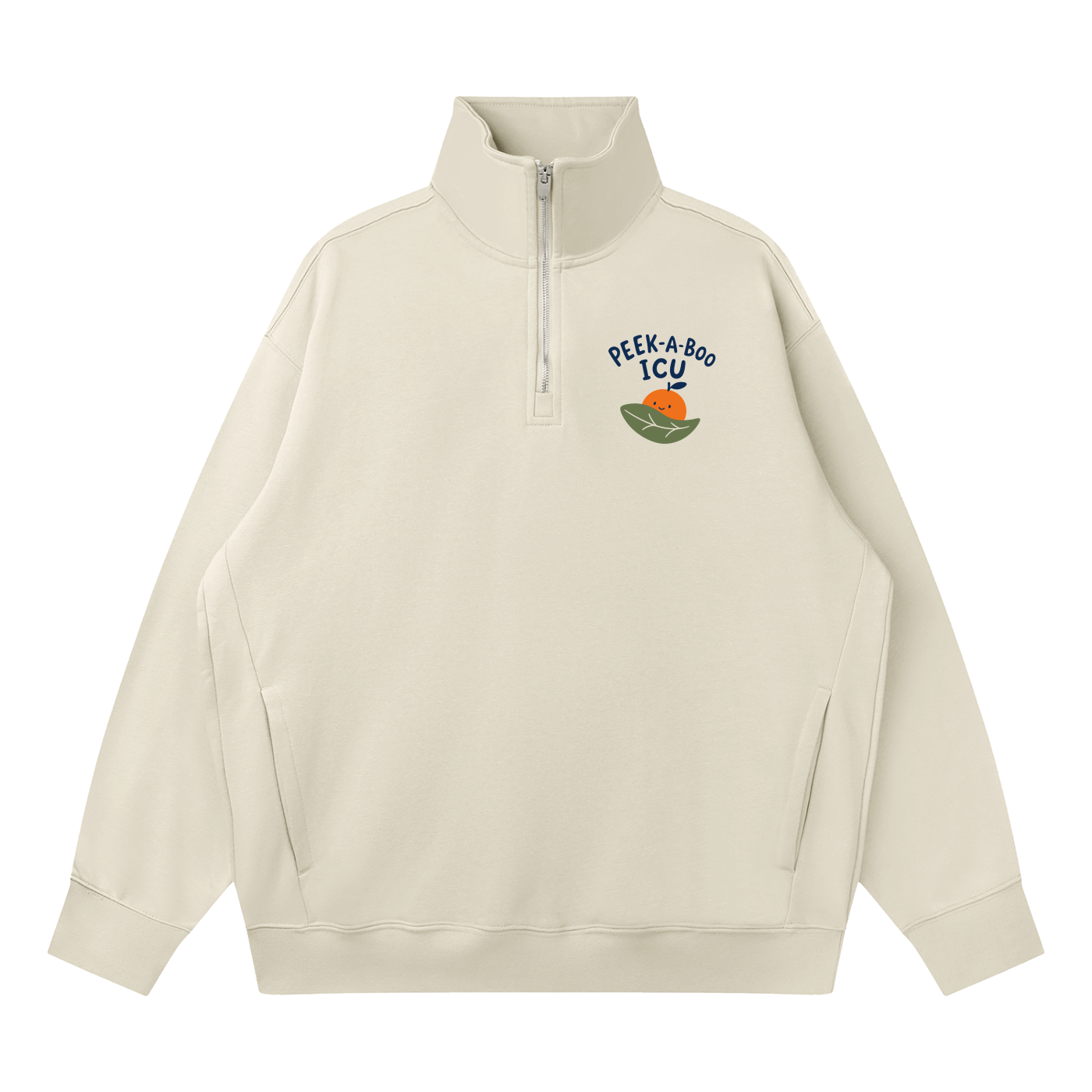 Light gray quarter-zip sweatshirt with 'Peek-a-Boo ICU' design