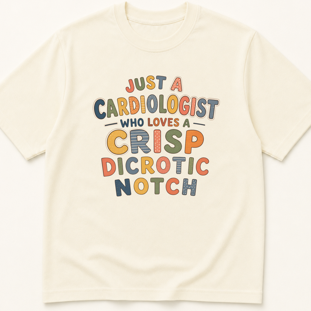 Garment-dyed unisex t-shirt printed with 'Just a Cardiologist Who Loves a Crisp Dicrotic Notch' — Cardiology humor tee for Critical Care and Emergency Medicine professionals.