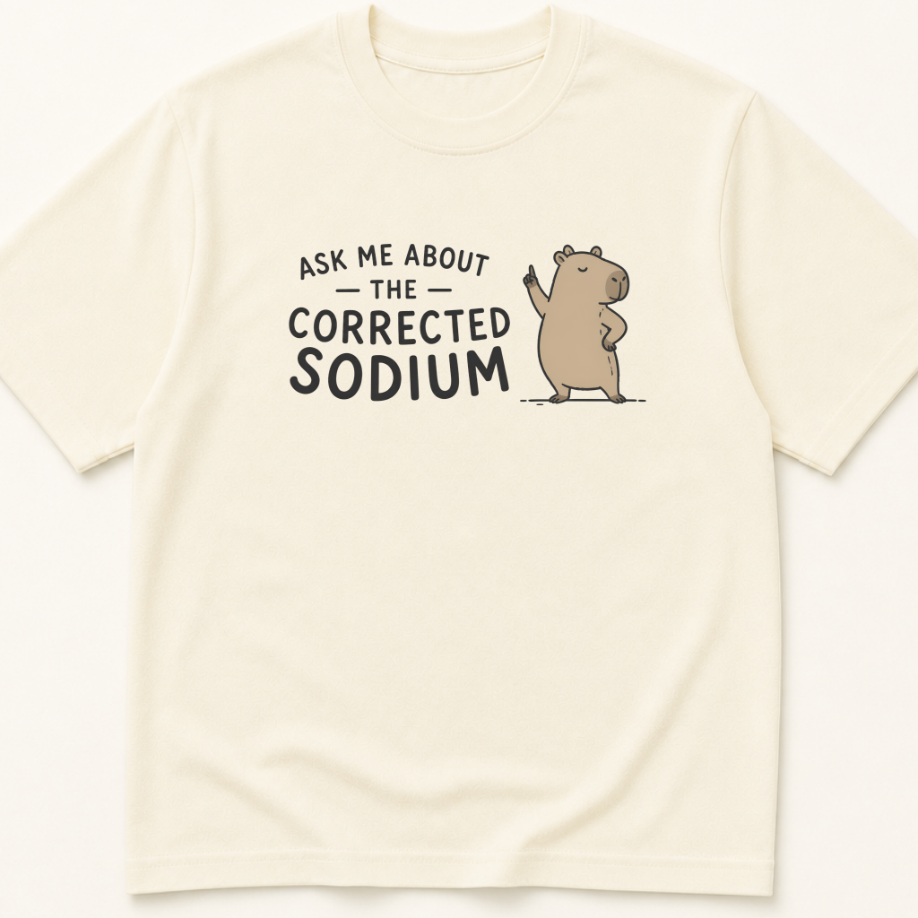 Garment-dyed unisex t-shirt printed with 'Ask Me About Corrected Sodium' — Critical Care humor tee for Endocrinology, Hospital Medicine, and Internal Medicine professionals.