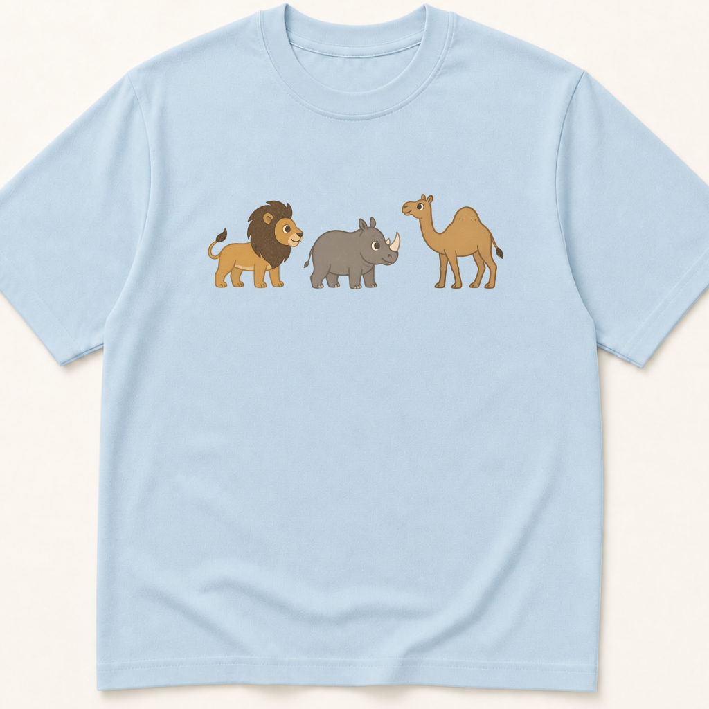 Alternate view of the illustrated lion, rhinoceros, and camel MoCA naming-task garment-dyed t-shirt.