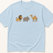 Alternate view of the illustrated lion, rhinoceros, and camel MoCA naming-task garment-dyed t-shirt.