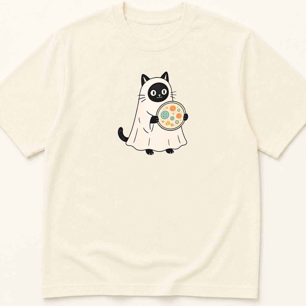 Garment-dyed unisex t-shirt featuring an illustrated Cat in Ghost Costume Holding a Petri Dish design — Infectious Disease humor tee for Laboratory Medicine and Microbiology professionals.