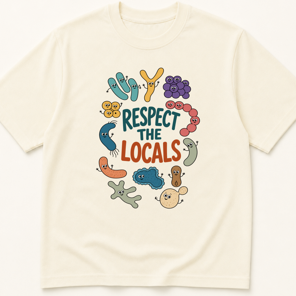 Garment-dyed unisex t-shirt printed with 'Respect the Locals' — Gastroenterology humor tee for Infectious Disease, Internal Medicine, and Microbiology professionals.