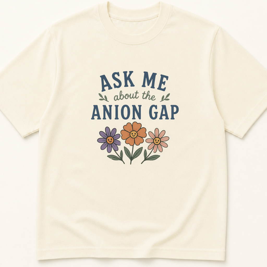 Garment-dyed unisex t-shirt printed with 'Ask Me About the Anion Gap' — Critical Care humor tee for Emergency Medicine, Internal Medicine, and Nephrology professionals.