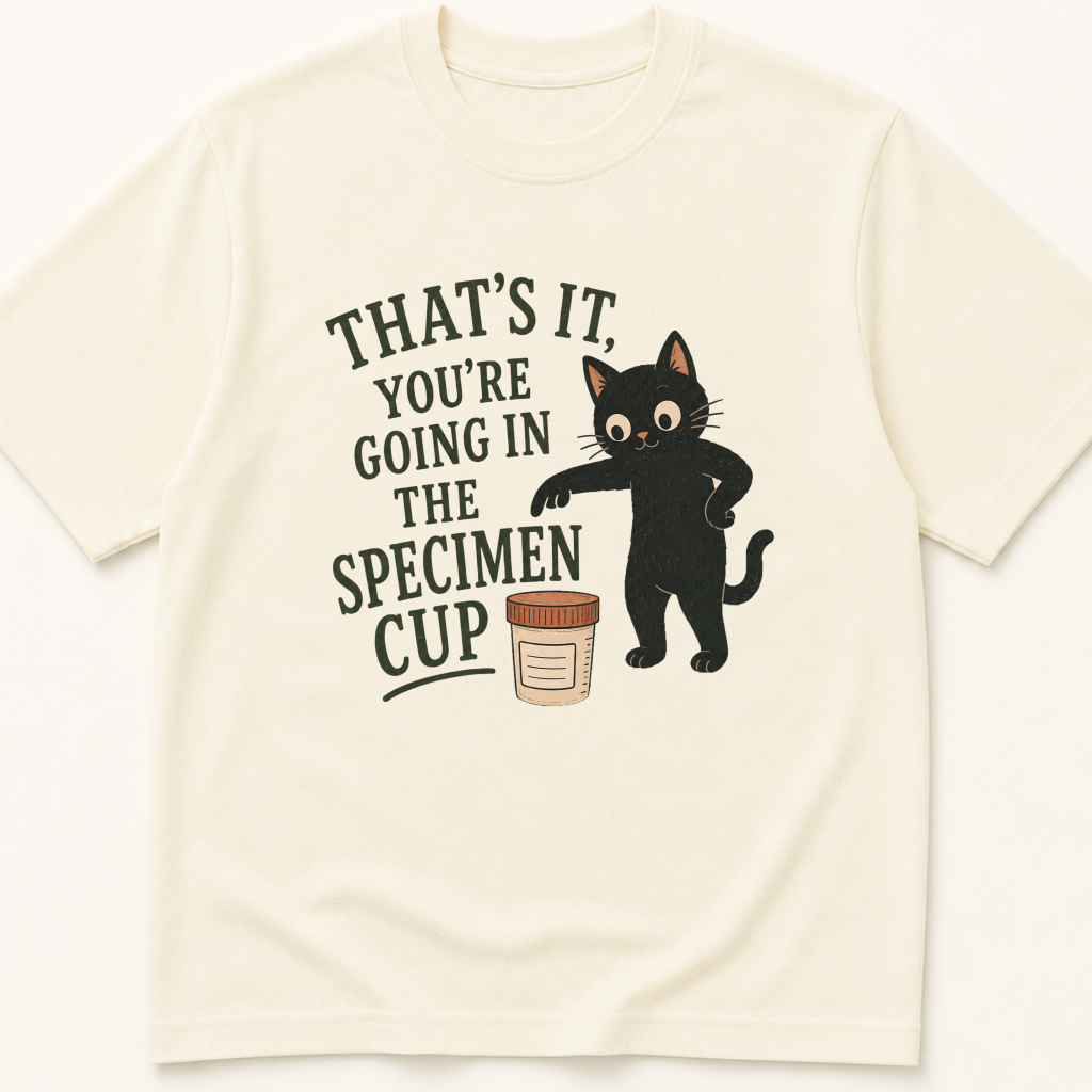 Garment-dyed unisex t-shirt printed with 'That's It, You Are Going in the Specimen Cup' — Laboratory Medicine humor tee for Nursing and Phlebotomy professionals.
