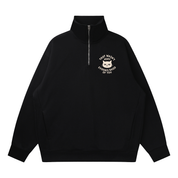 Mockup of a black quarter-zip sweatshirt with a grumpy cat inside the words 'That wasn't very evidence based of you' on the chest.