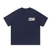 Mockup of navy blue cotton T-shirt with a badge reading "PGY-∞".