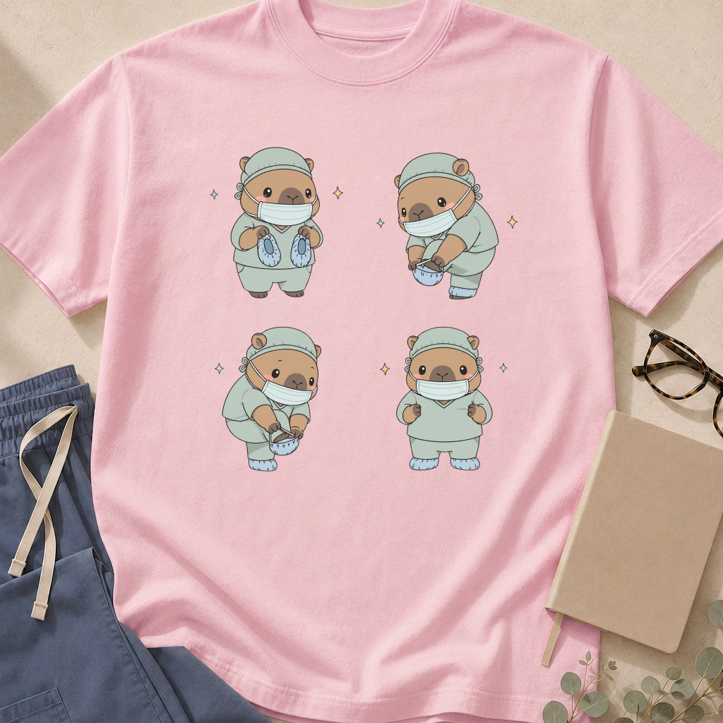 Detail view of the Capybara Putting on Shoe Covers garment-dyed OR t-shirt.