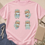 Detail view of the Capybara Putting on Shoe Covers garment-dyed OR t-shirt.