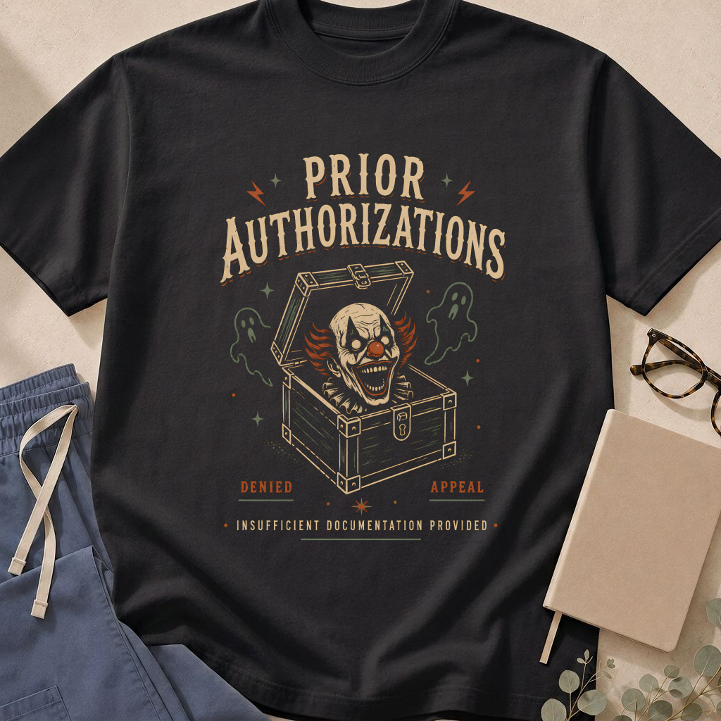 Garment-dyed unisex t-shirt printed with 'Prior Authorizations' in a Halloween-themed design — healthcare administrative humor tee.