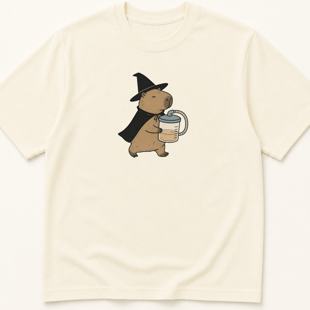 Garment-dyed unisex t-shirt featuring an illustrated Capybara in Witch Costume Holding a Suction Canister design — Nursing humor tee for Surgery and Surgical Technology professionals.