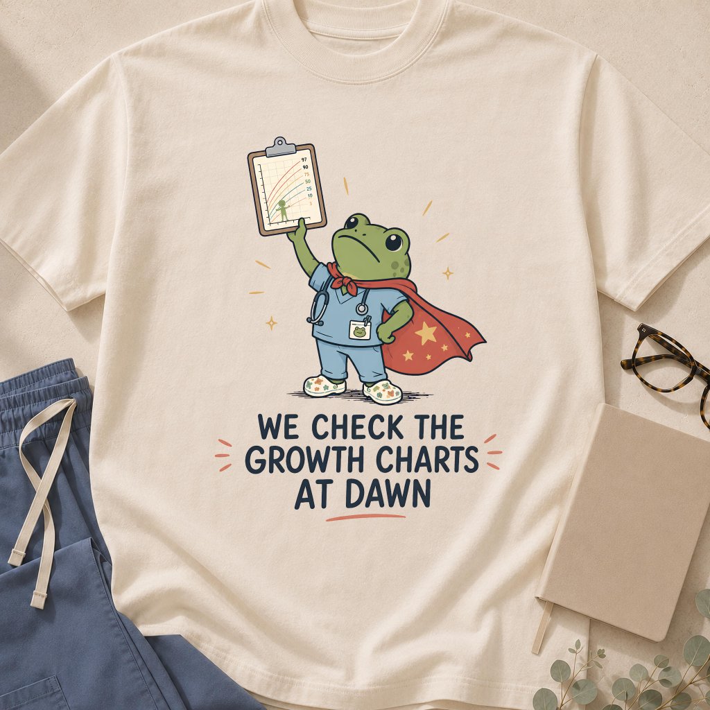 Garment-dyed unisex t-shirt printed with "Check the Growth Charts at Dawn" — NICU and neonatology humor tee