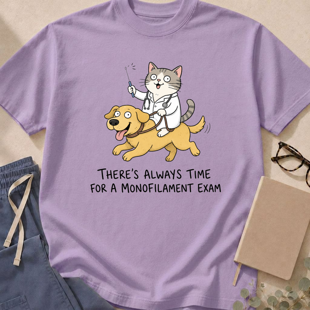 Additional colorway of the "Always Time for a Monofilament Exam" garment-dyed diabetes care t-shirt