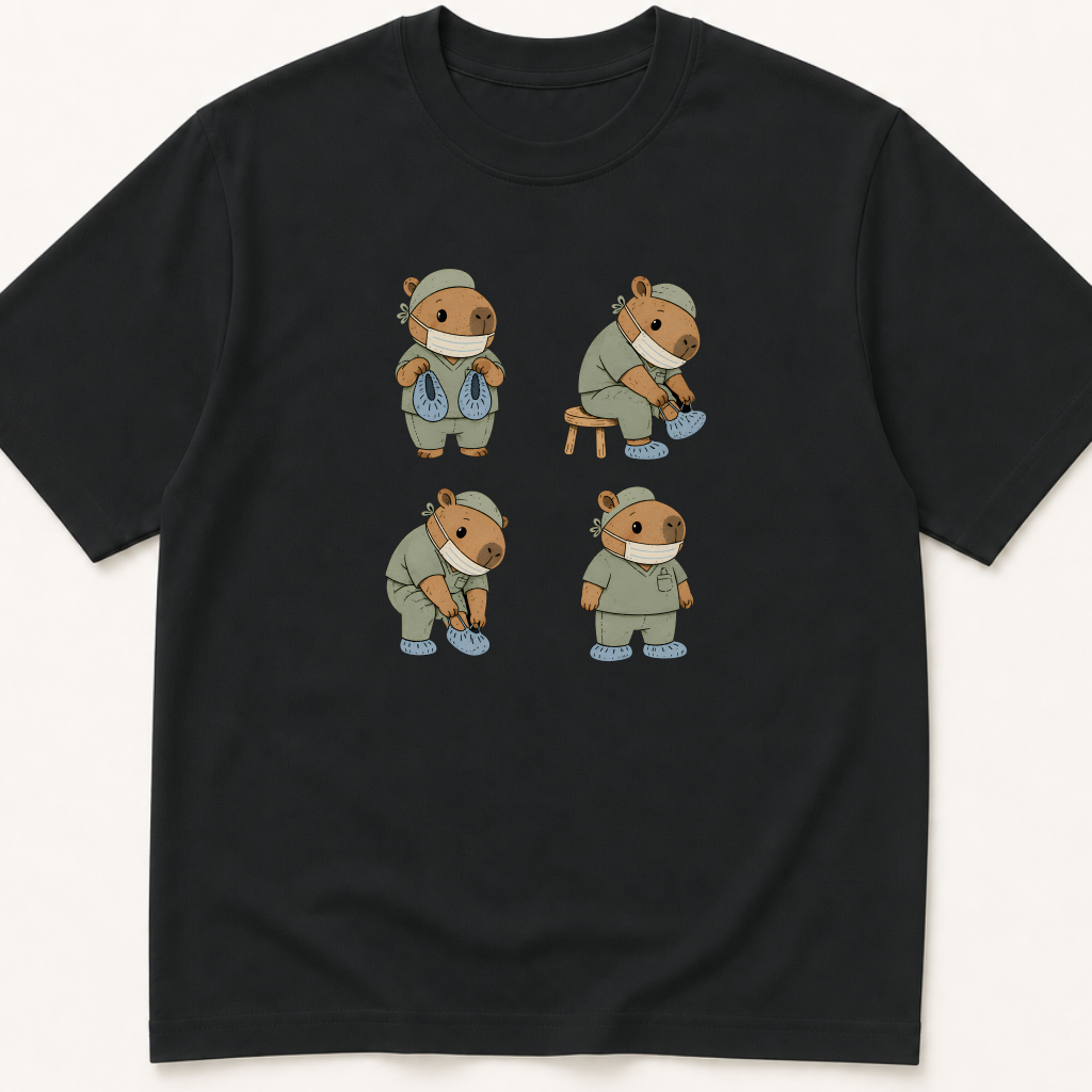 Garment-dyed unisex t-shirt featuring an illustrated Capybara Putting on Shoe Covers design — Nursing humor tee for Surgery and Surgical Technology professionals.