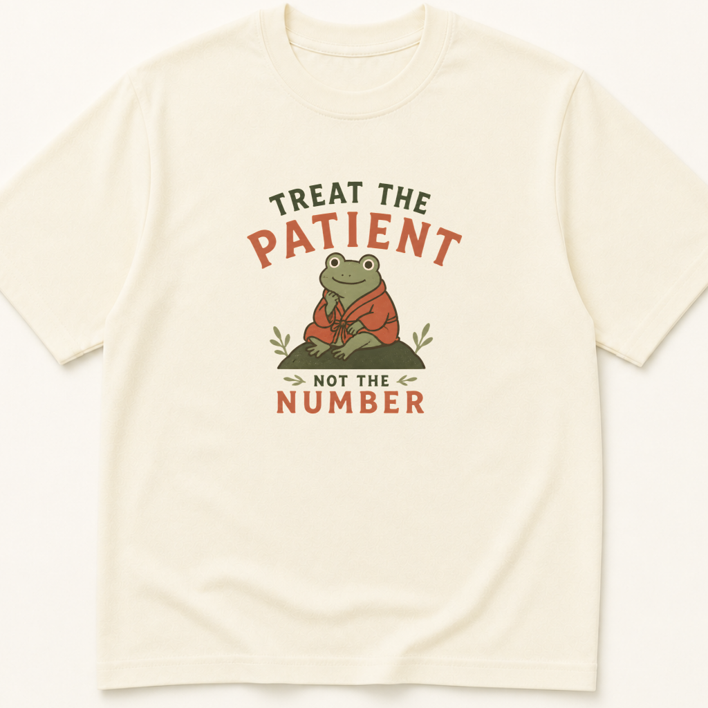 Garment-dyed unisex t-shirt printed with 'Treat the Patient Not the Number' — Family Medicine humor tee for General Medicine, Hospital Medicine, and Internal Medicine professionals.