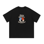 Mockup of a black cotton T-shirt with blue and red mittens and the text 'Cold Weather Warm Autoantibodies.'