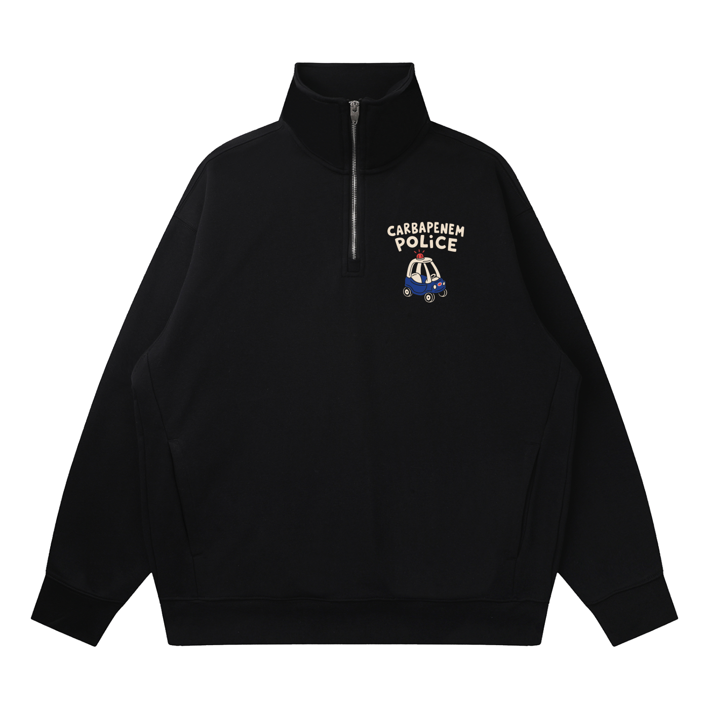 Black quarter-zip sweatshirt with 'Carbapenem Police' design