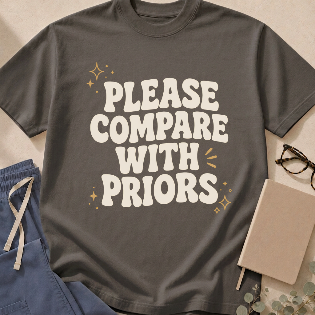 Garment-dyed unisex t-shirt printed with "Please Compare With Priors" — radiology humor tee for radiologists
