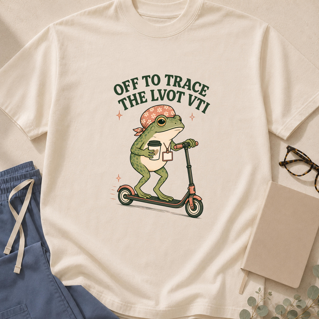 Garment-dyed unisex t-shirt printed with "Off to Trace the LVOT VTI" — echocardiography humor tee for cardiologists
