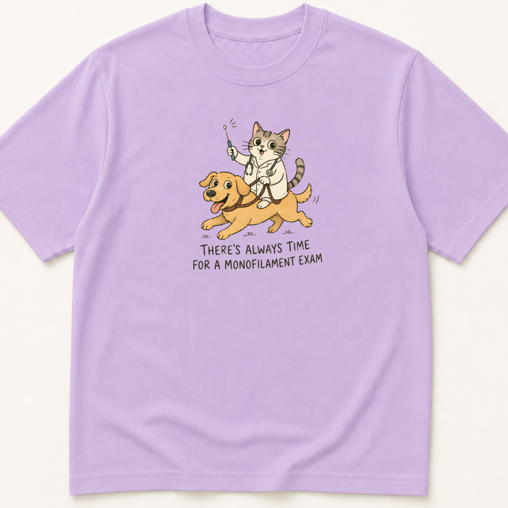 Garment-dyed unisex t-shirt printed with 'Always Time for a Monofilament Exam' — Endocrinology humor tee for Family Medicine, Internal Medicine, and Nursing professionals.