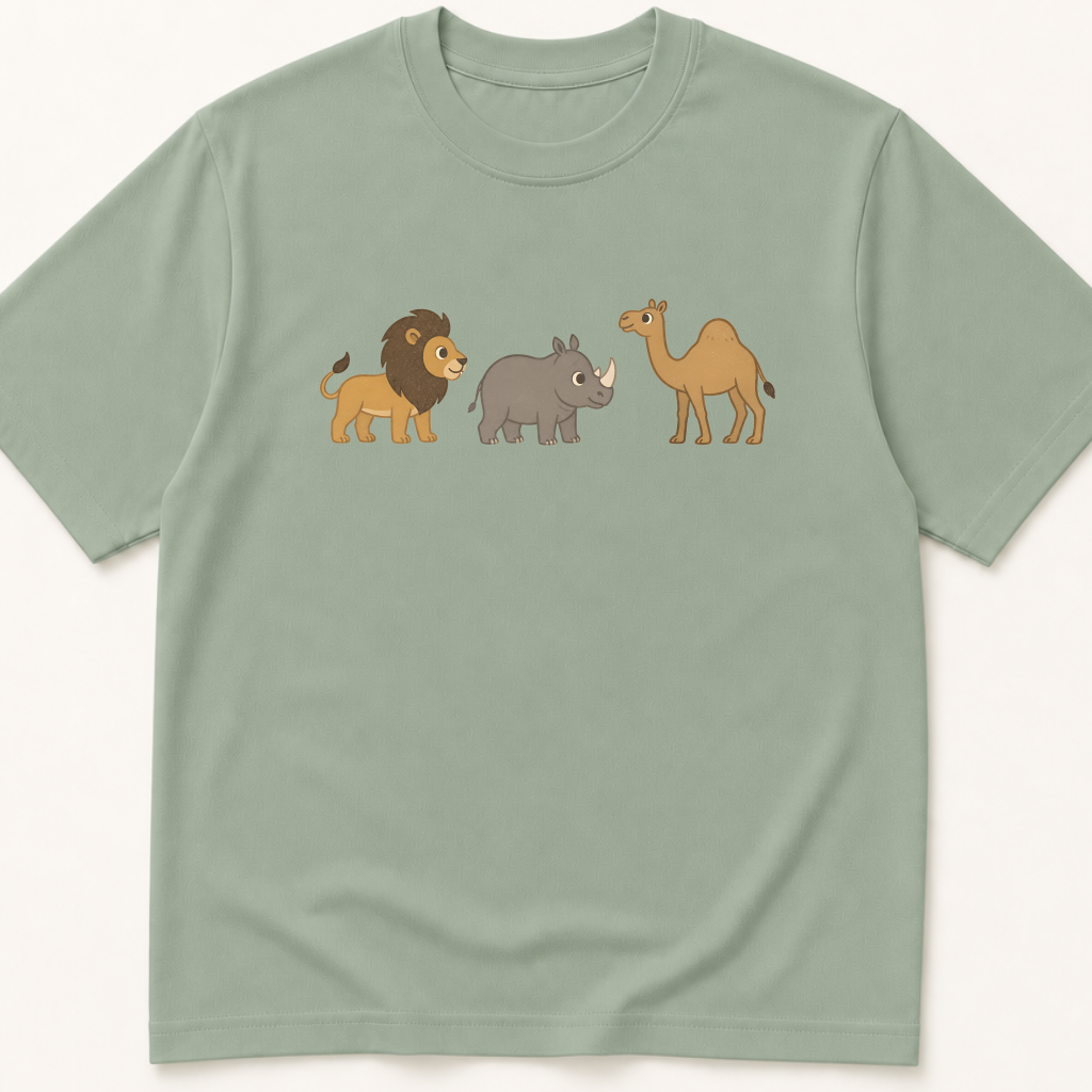 Alternate view of the illustrated lion, rhinoceros, and camel MoCA naming-task garment-dyed t-shirt.