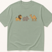 Alternate view of the illustrated lion, rhinoceros, and camel MoCA naming-task garment-dyed t-shirt.