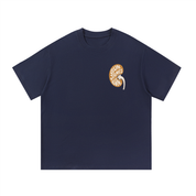 Mockup of a navy blue cotton T-shirt with a small kidney-shaped design lettered 'BUN. JAMES BUN.'