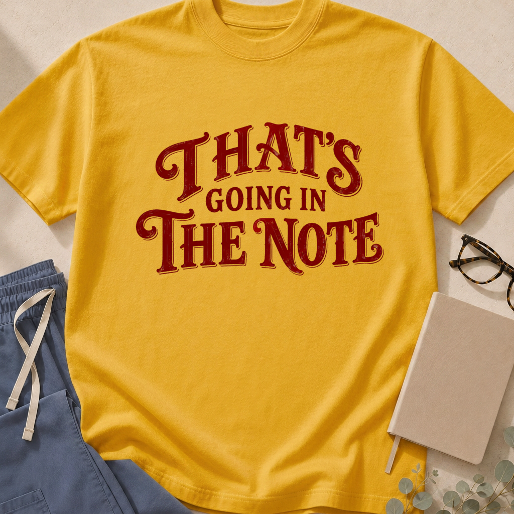 Alternate Mustard colorway of the "That's Going in the Note" garment-dyed hospital medicine t-shirt