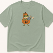 Alternate view of the illustrated Frog in Pumpkin Costume Holding Bag Mask Ventilation garment-dyed t-shirt.