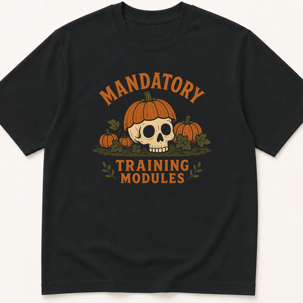 Garment-dyed unisex t-shirt printed with 'Mandatory Training Modules: Halloween Edition' — General Medicine humor tee for Hospital Medicine and Nursing professionals.