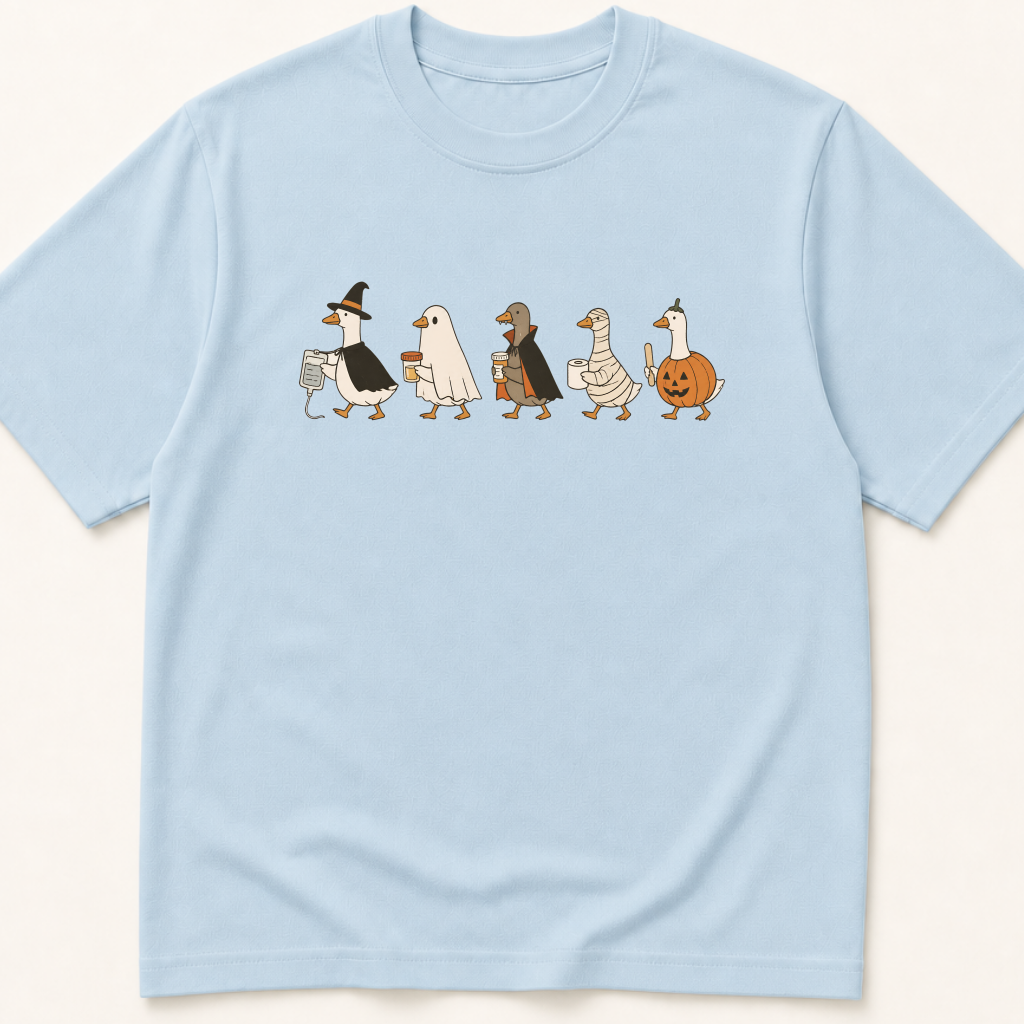 Alternate view of the illustrated Geese in Halloween Costumes Holding Medical Items garment-dyed t-shirt.