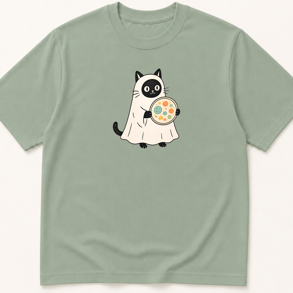 Alternate view of the illustrated Cat in Ghost Costume Holding a Petri Dish garment-dyed t-shirt.