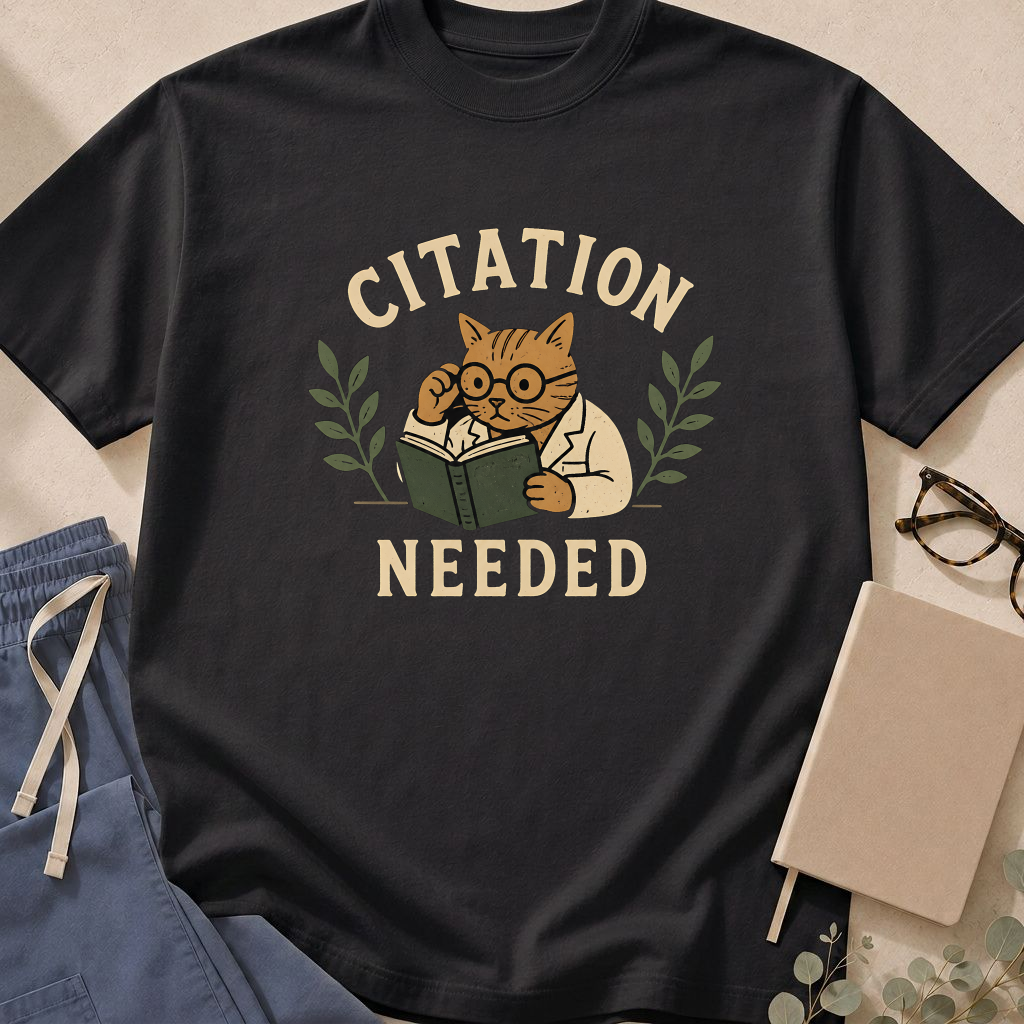 Garment-dyed unisex t-shirt printed with 'Citation Needed' — evidence-based medicine humor tee for med students and researchers.