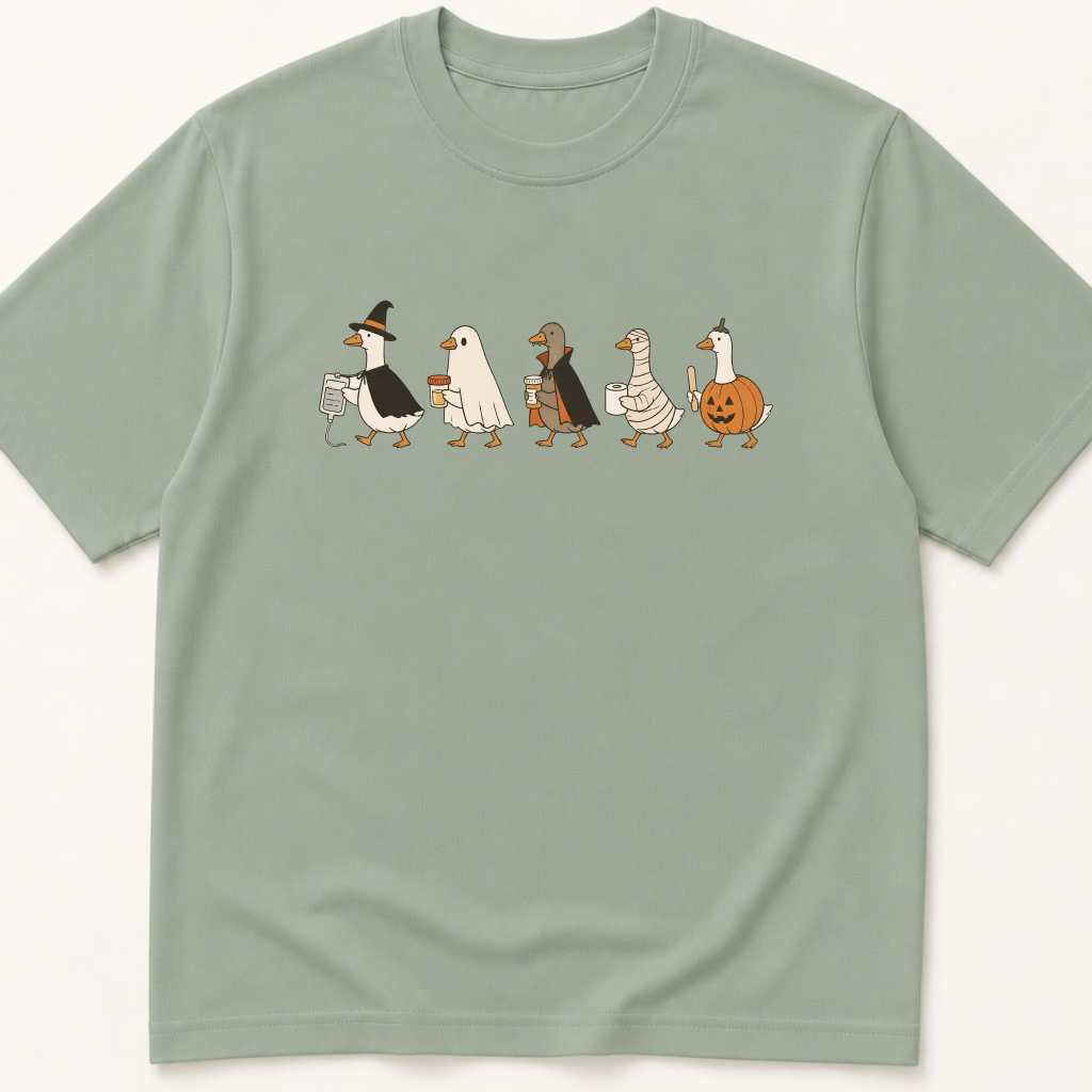 Alternate view of the illustrated Geese in Halloween Costumes Holding Medical Items garment-dyed t-shirt.