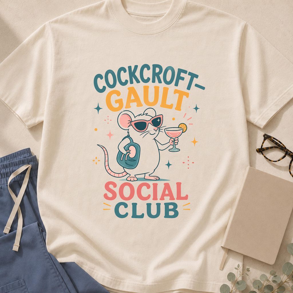 Garment-dyed unisex t-shirt printed with "Cockcroft-Gault" — renal dosing and pharmacy humor tee