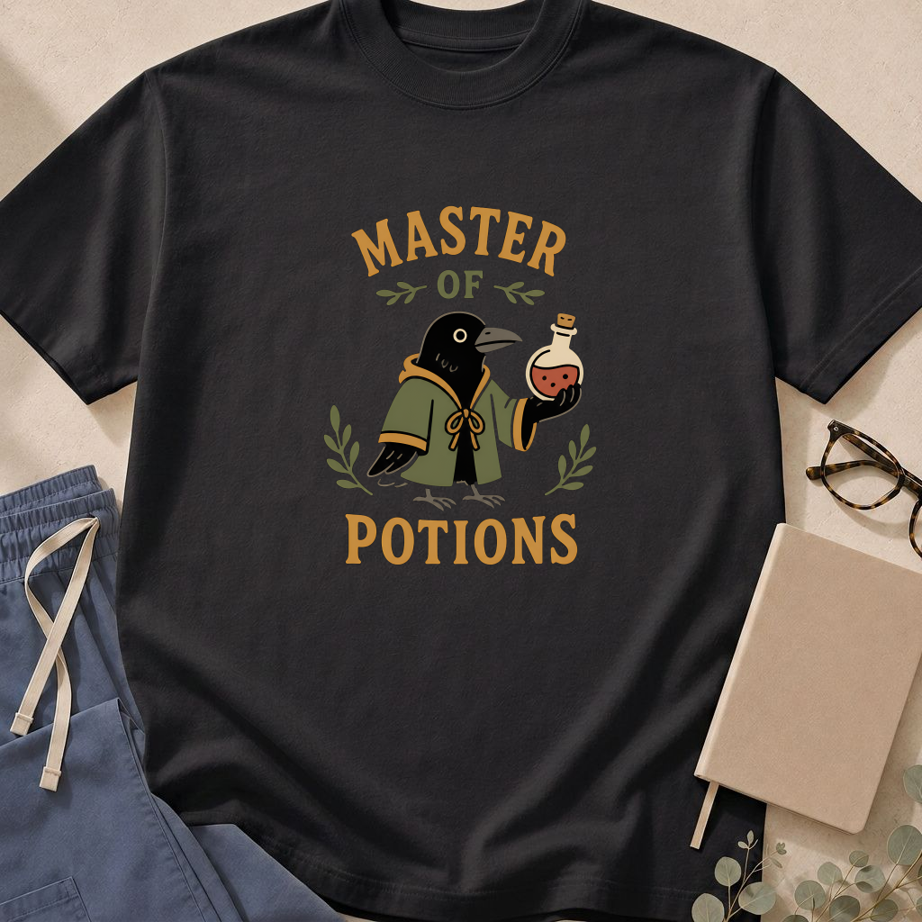 Garment-dyed unisex t-shirt printed with 'Master of Potions' — pharmacy humor tee for pharmacists and pharmacy techs.