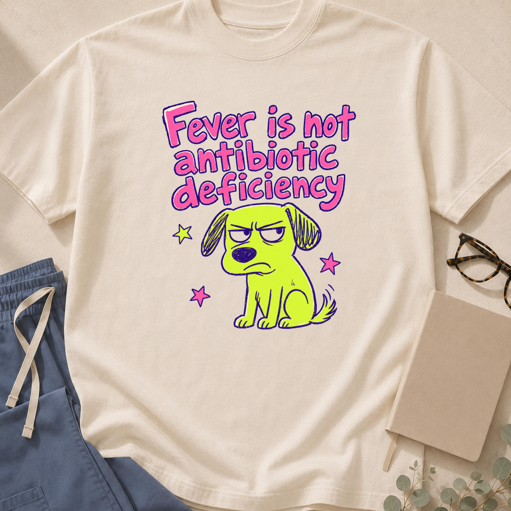 Garment-dyed unisex t-shirt printed with "Fever Is Not Antibiotic Deficiency" — antibiotic stewardship humor tee for pediatricians