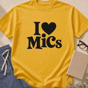 Garment-dyed unisex t-shirt printed with "I Heart MICs" — microbiology humor tee for microbiologists and infectious disease physicians