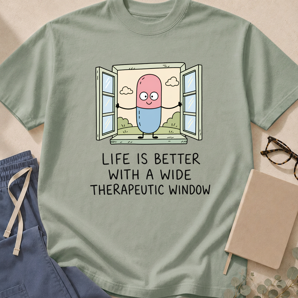 Garment-dyed unisex t-shirt printed with 'Life Is Better With a Wide Therapeutic Window' — pharmacology and pharmacokinetics humor tee for pharmacists and clinicians.