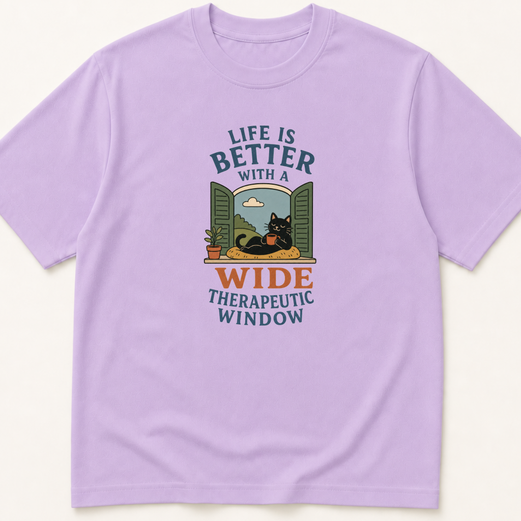 Garment-dyed unisex t-shirt featuring an illustrated Life is Better With a Wide Therapeutic Window design — Pharmacology humor tee for Pharmacy, Psychiatry, and Toxicology professionals.